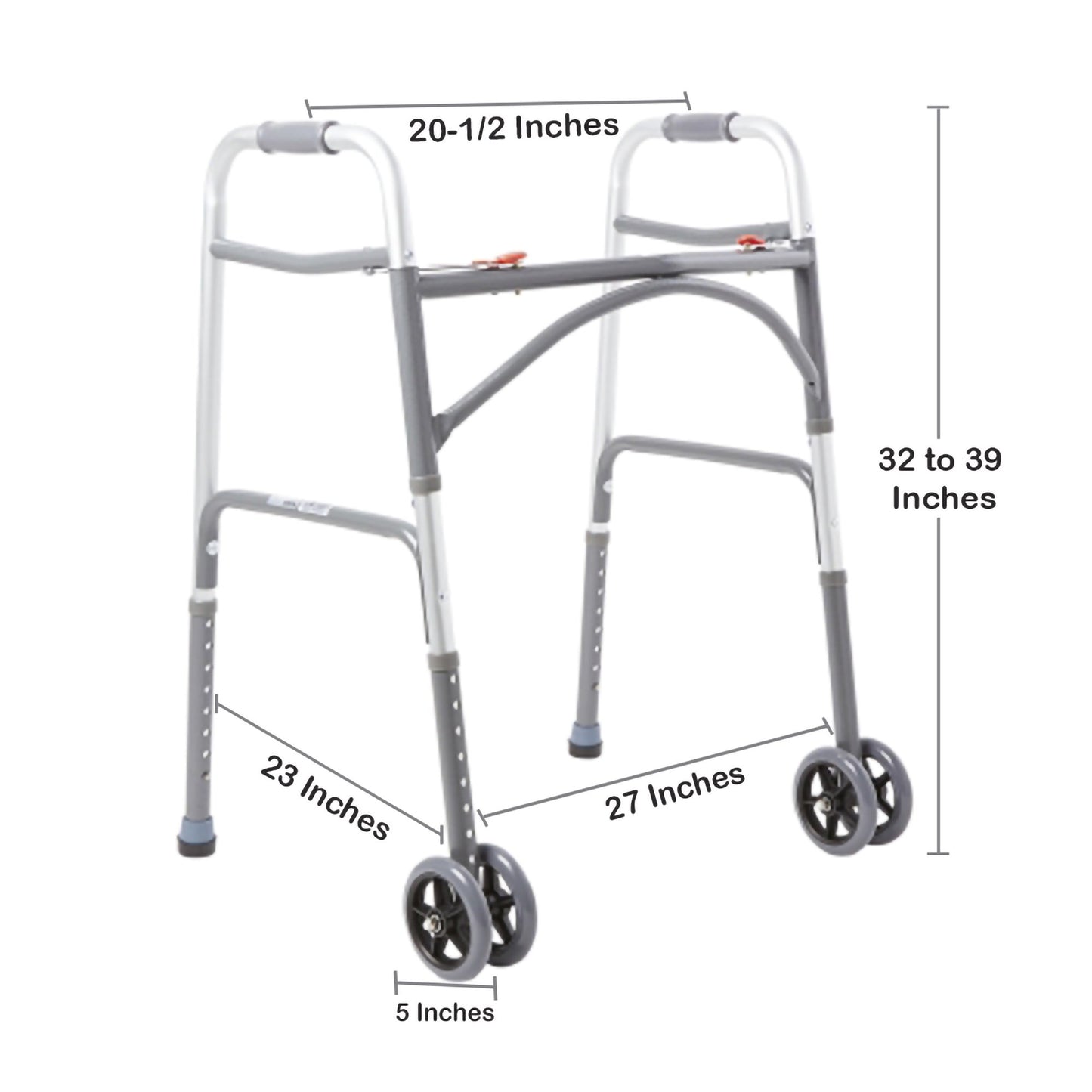 Measurement chart of a walker with dimensions labeled on a white background