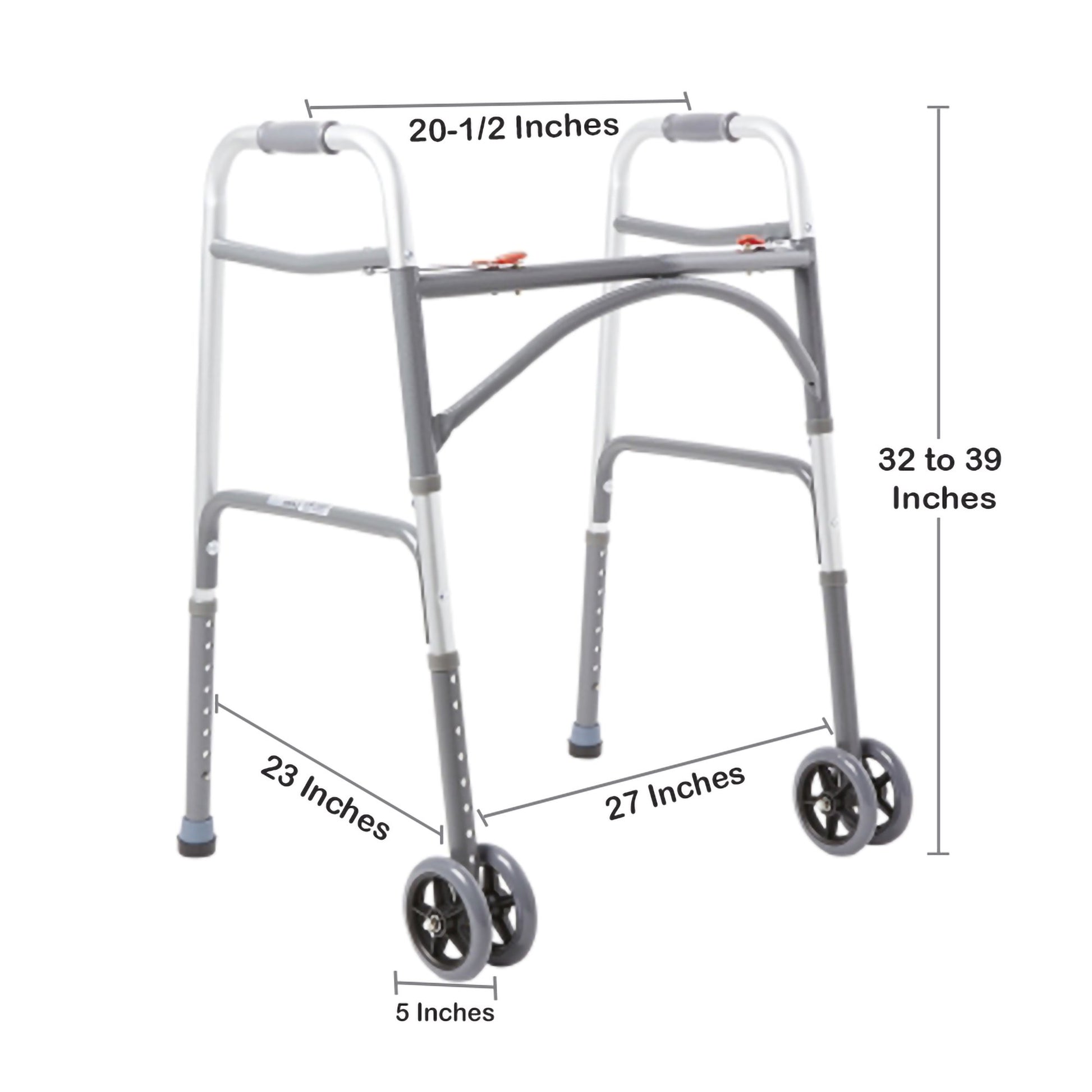 Measurement chart of a walker with dimensions labeled on a white background
