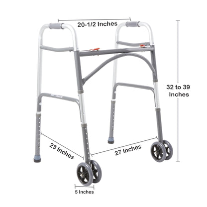 Measurement chart of a walker with dimensions labeled on a white background