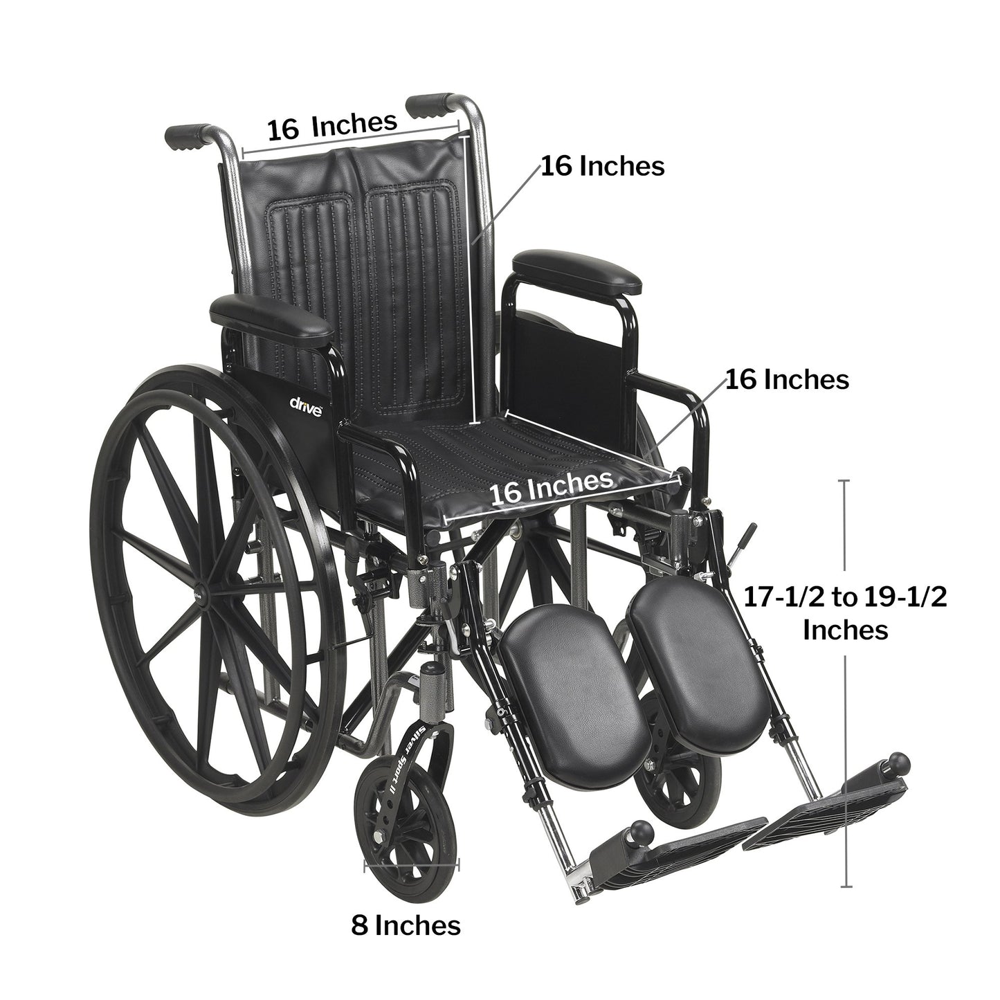 Wheelchair with labeled dimensions on a white background