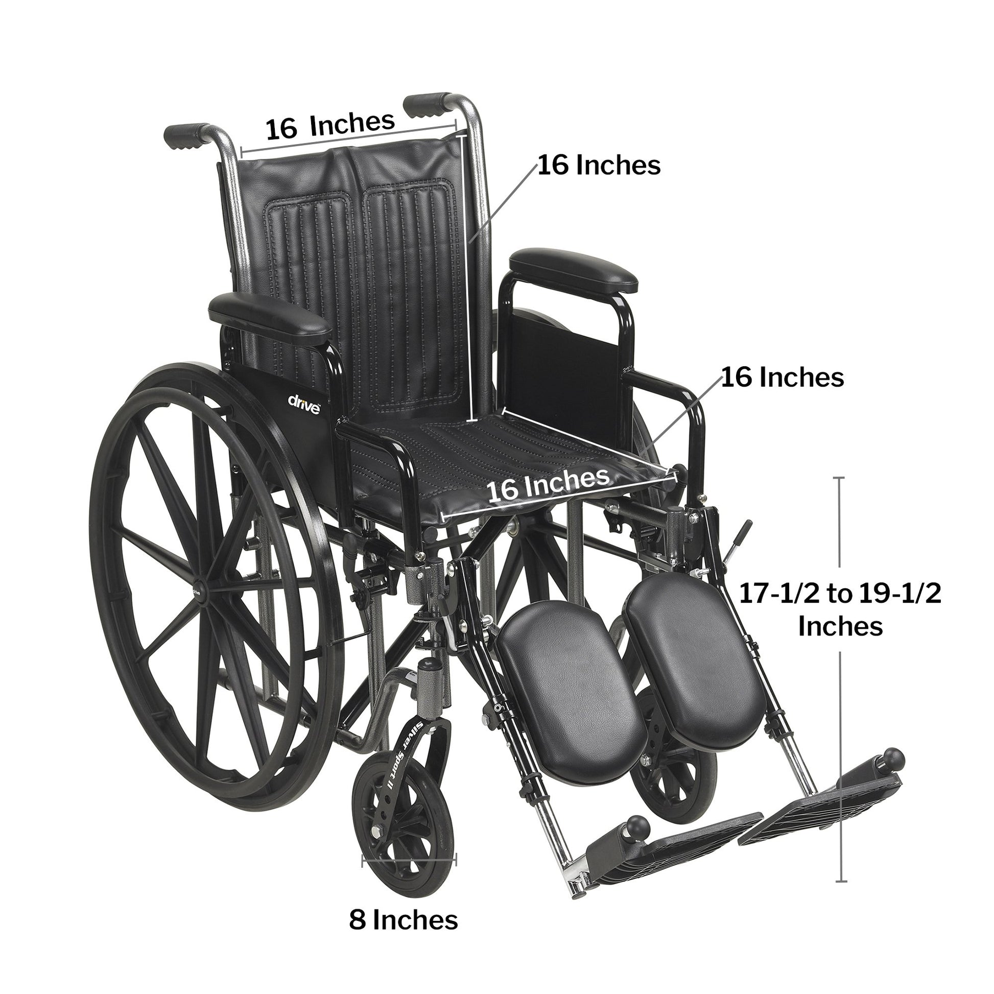Wheelchair with labeled dimensions on a white background