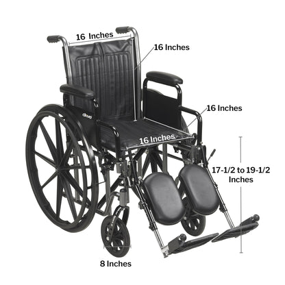 Wheelchair with labeled dimensions on a white background