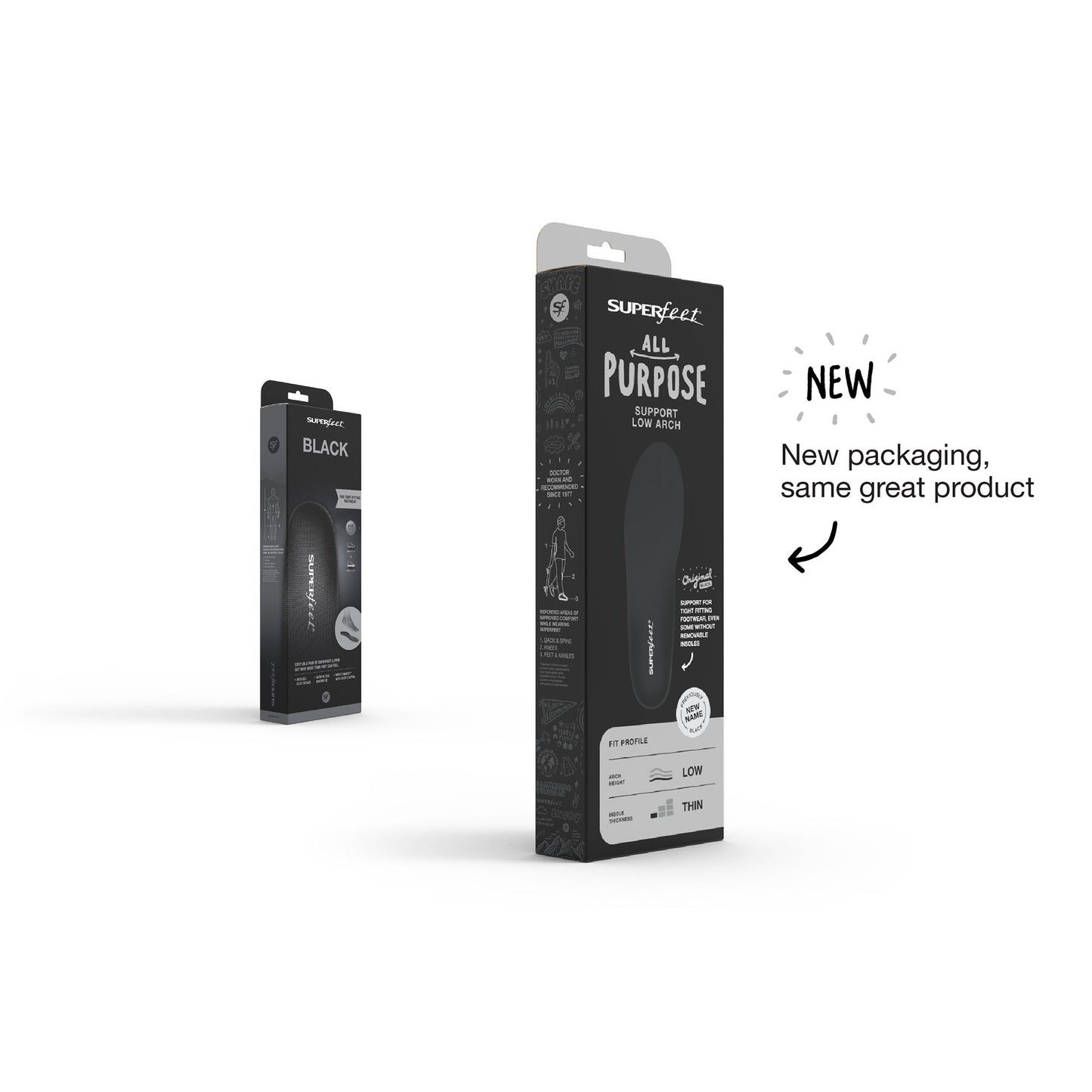 Packaging of Superfeet Black insoles showing the product and its features.