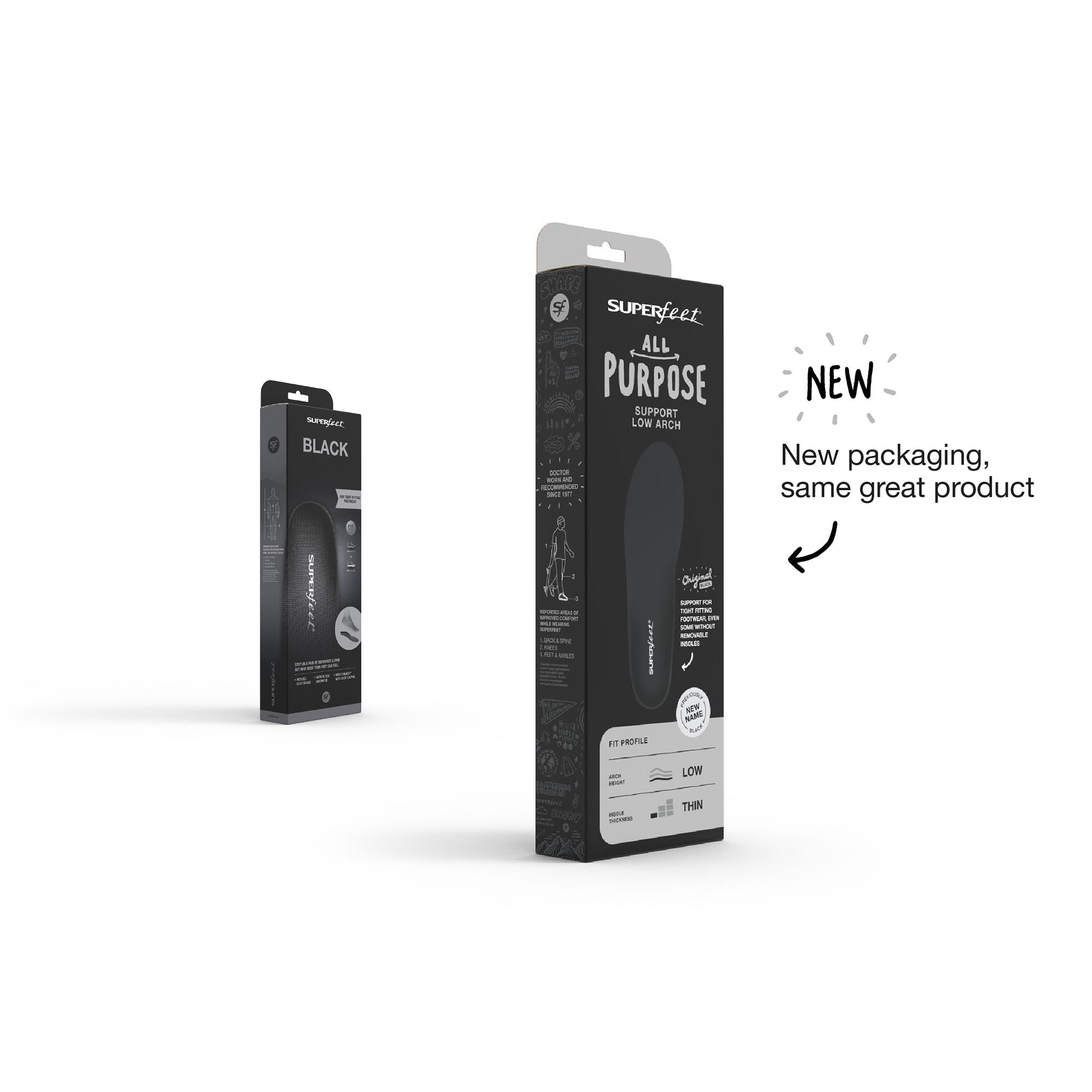 Packaging of Superfeet Black insoles showing the product and its features.