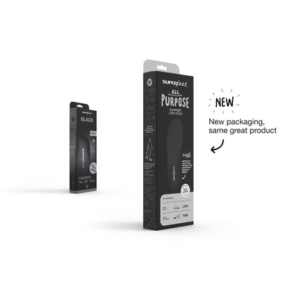 Packaging of Superfeet Black insoles showing the product and its features.