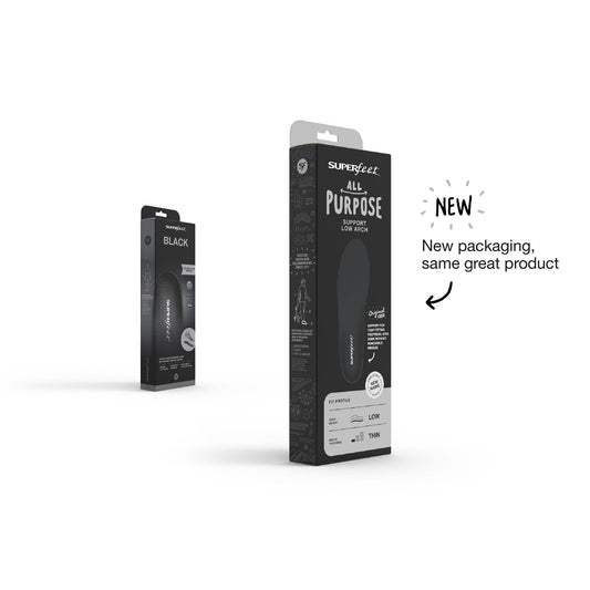 Packaging of Superfeet Black insoles showing the product and its features.