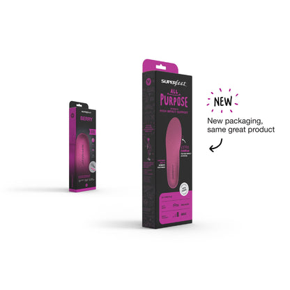 Packaging of Superfeet Foam Child insoles in berry color, indicating the product is for women sizes 4-1/2 to 6 and shows the insole itself.
