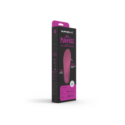 Packaging of Superfeet Foam Female insole, color berry, for size 8-1/2 to 10, displaying the insole and its features.