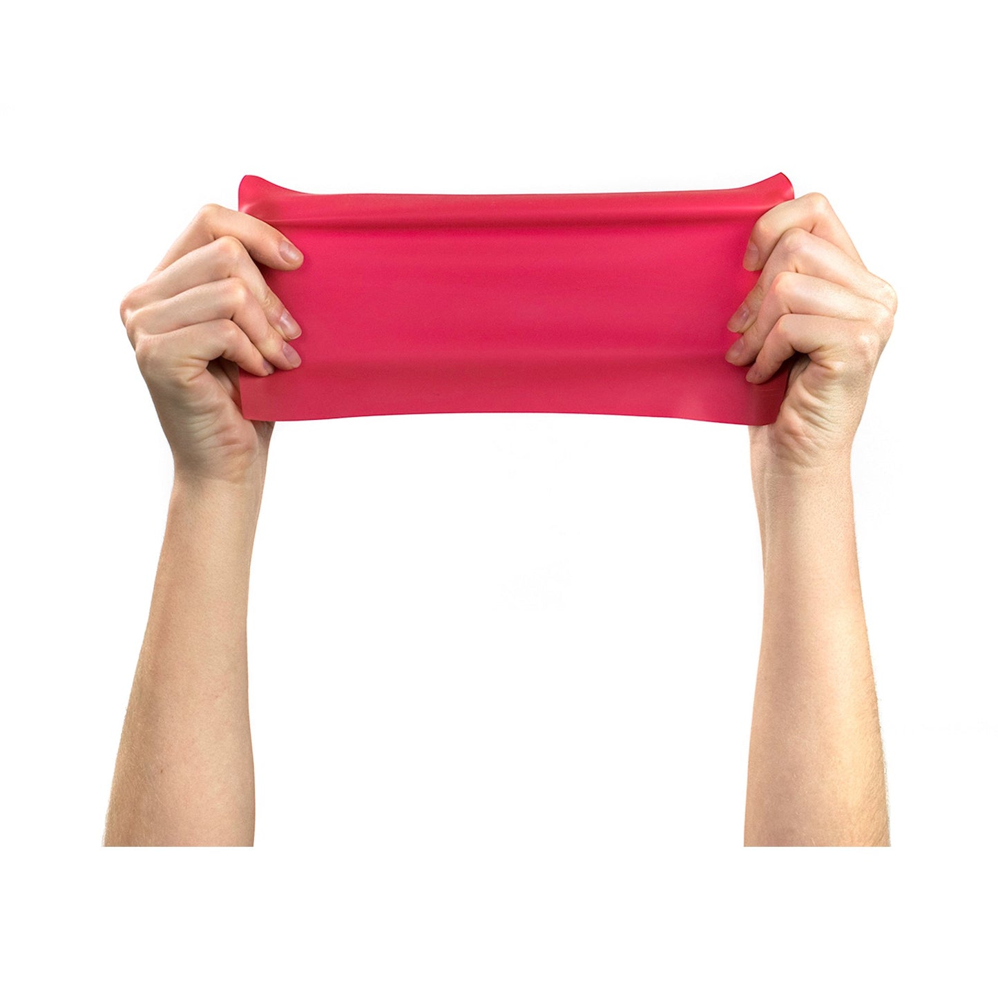 Red resistance band held by hands on a white background