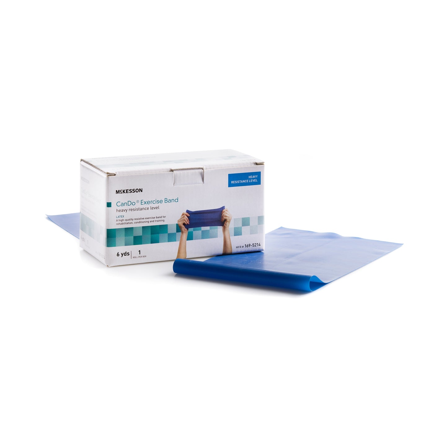Blue exercise band with a white box labeled 'Mckesson' on a white background