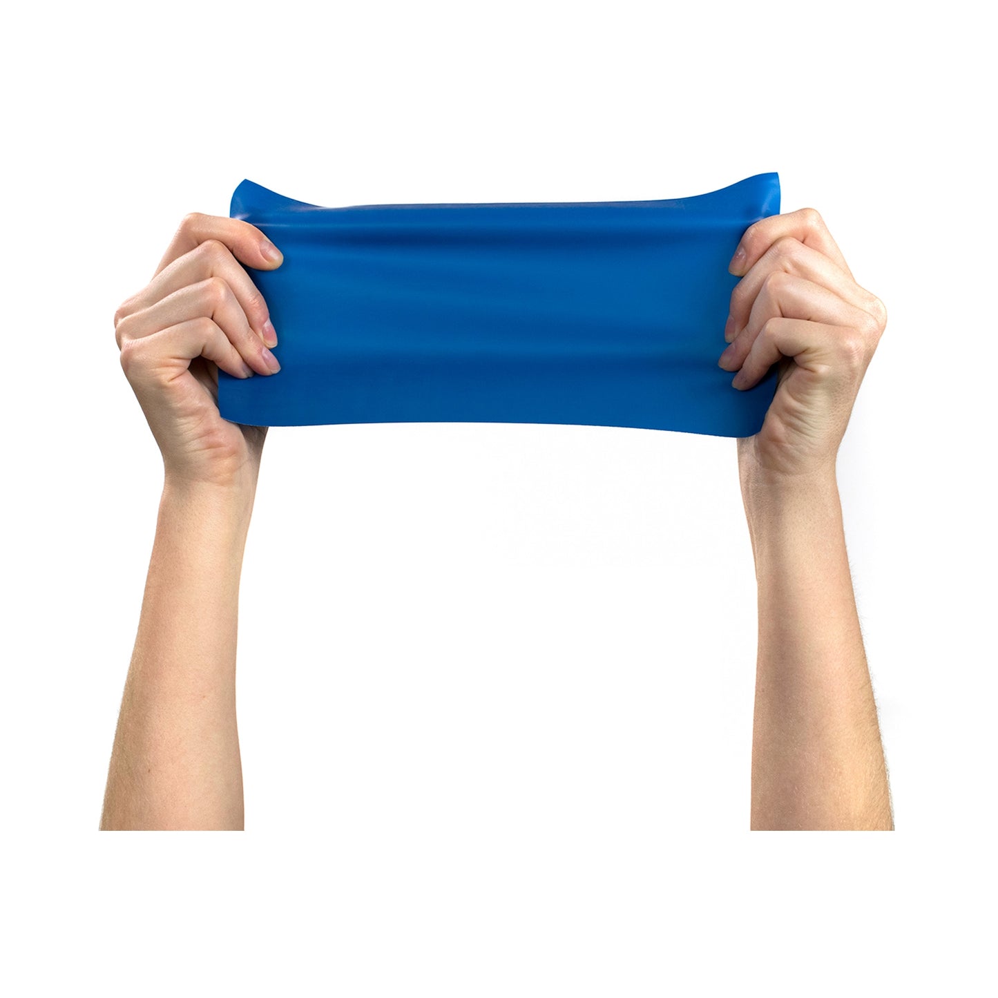 Blue resistance band held by hands on a white background