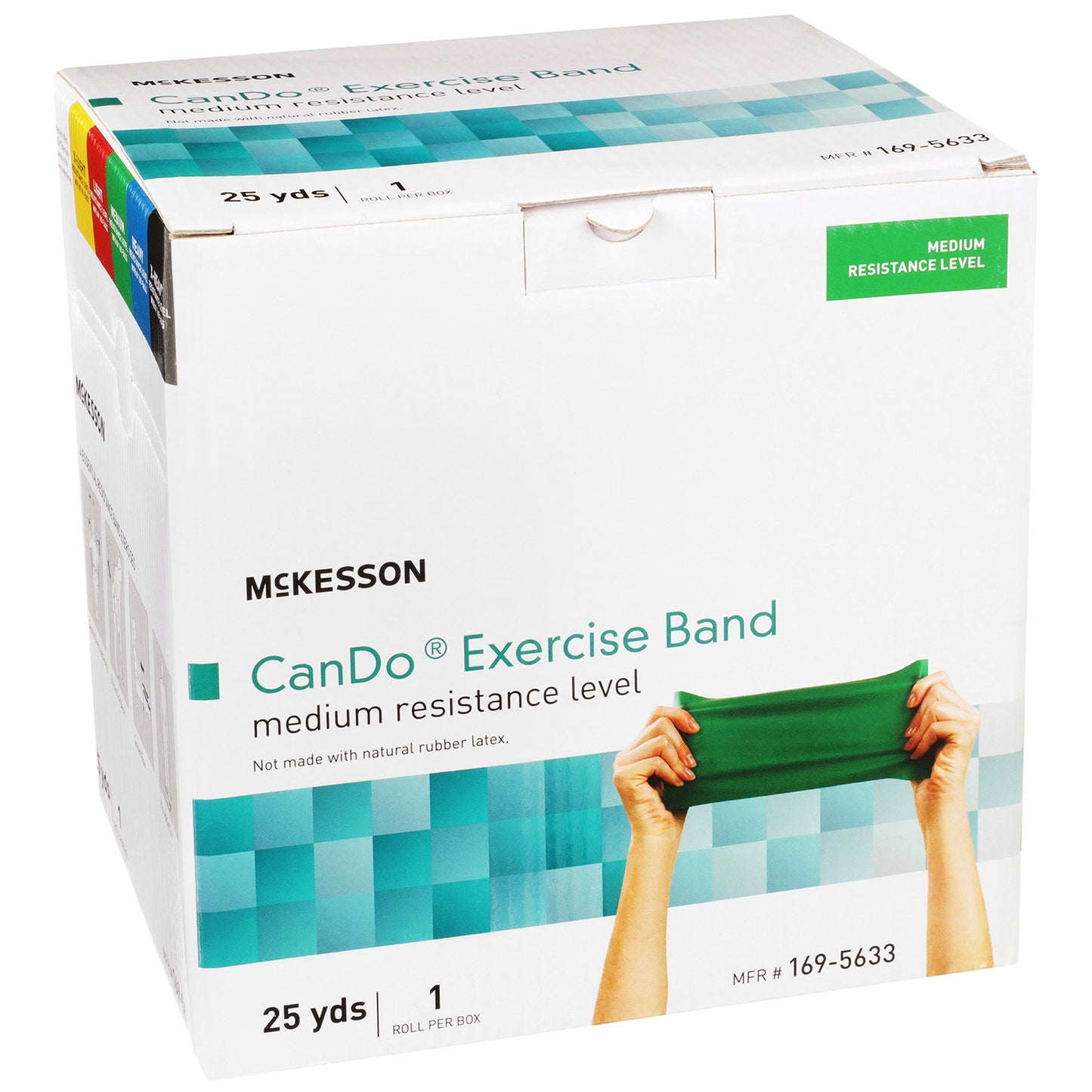 Box of Mckesson CanDo Exercise Band with green band and hands holding it