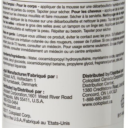 Back of a container with text and branding, including Coloplast logo.