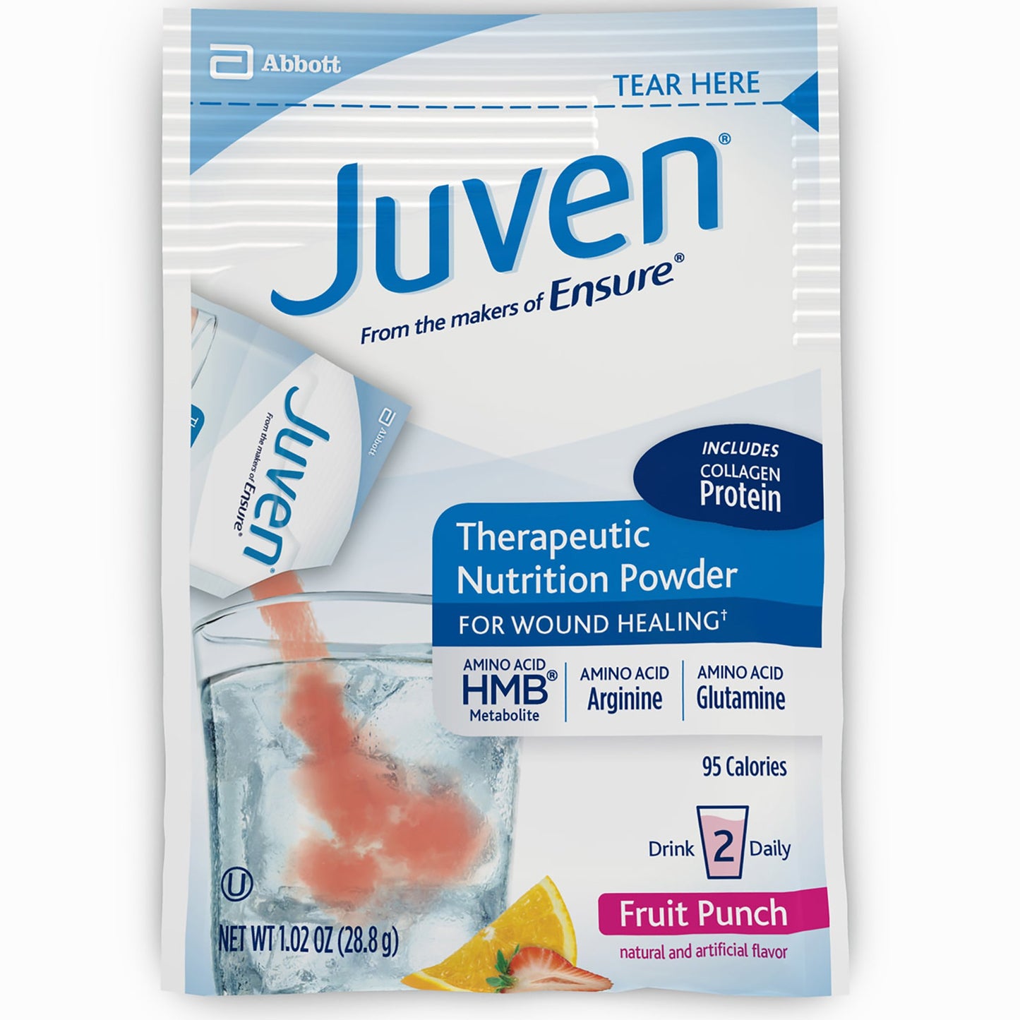 Packaging of Juven therapeutic nutrition powder for wound healing in fruit punch flavor.