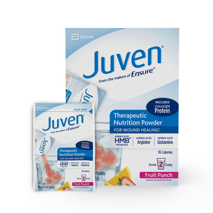 Packaging of Juven therapeutic nutrition powder for wound healing in fruit punch flavor, with individual packets shown in front of the box.