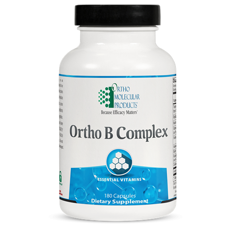 A white bottle with a blue label displaying 'Ortho B Complex' and indicating it's a dietary supplement with 180 capsules.