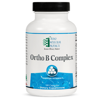 A white bottle with a blue label displaying 'Ortho B Complex' and indicating it's a dietary supplement with 180 capsules.