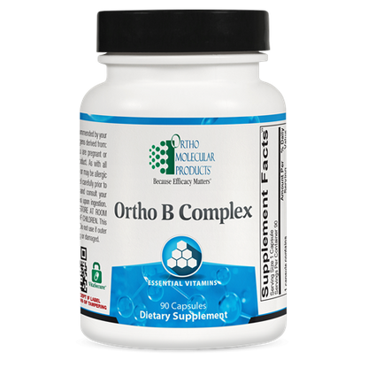 A white bottle with a blue label displaying 'Ortho B Complex' and indicating it's a dietary supplement with 90 capsules.