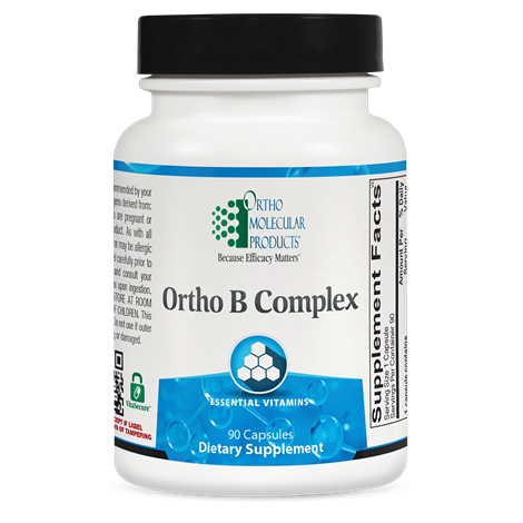 A white bottle with a blue label displaying 'Ortho B Complex' and indicating it's a dietary supplement with 90 capsules.
