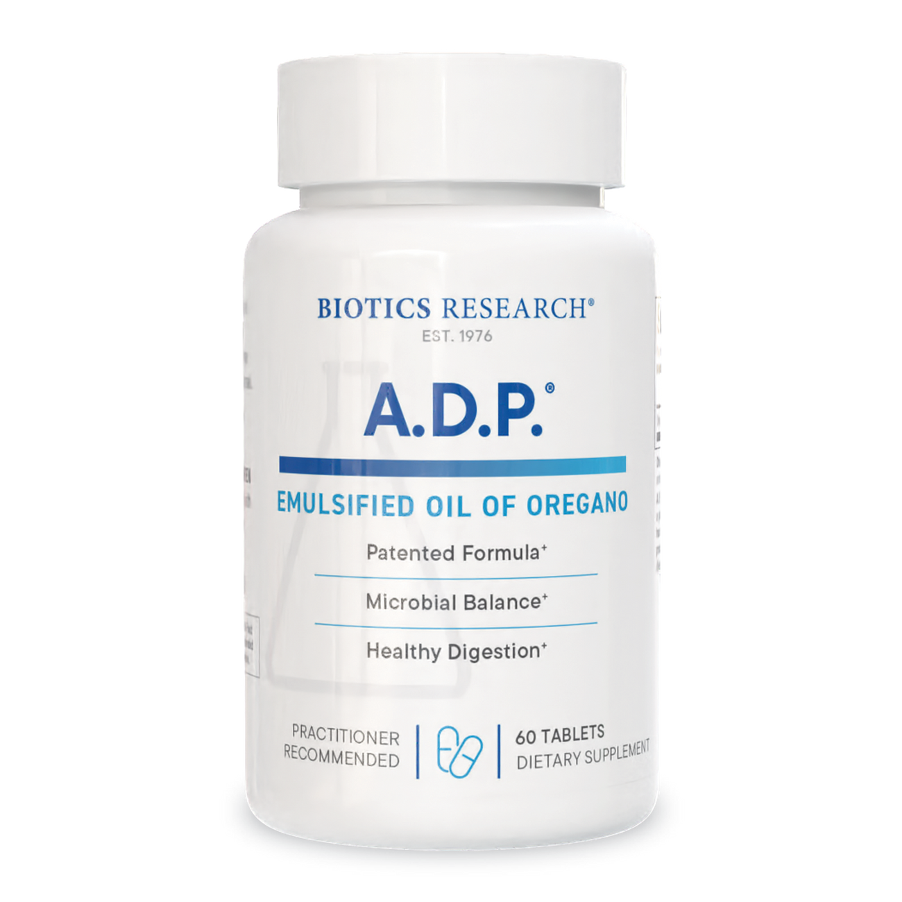 Biotics Research A.D.P. Emulsified Oil of Oregano supplement bottle on a white background