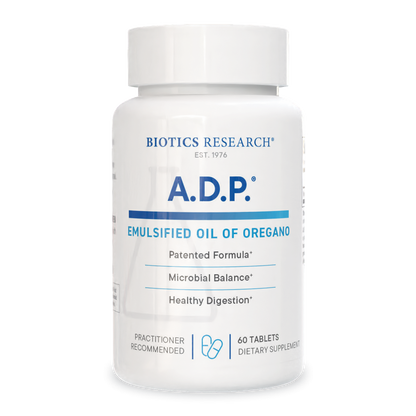 Biotics Research A.D.P. Emulsified Oil of Oregano supplement bottle on a white background