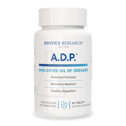 Biotics Research A.D.P. Emulsified Oil of Oregano supplement bottle on a white background