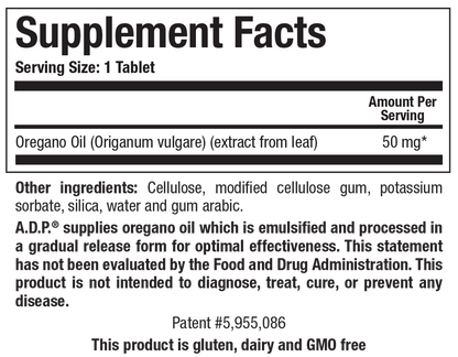 Supplement facts label for oregano oil extract on a white background