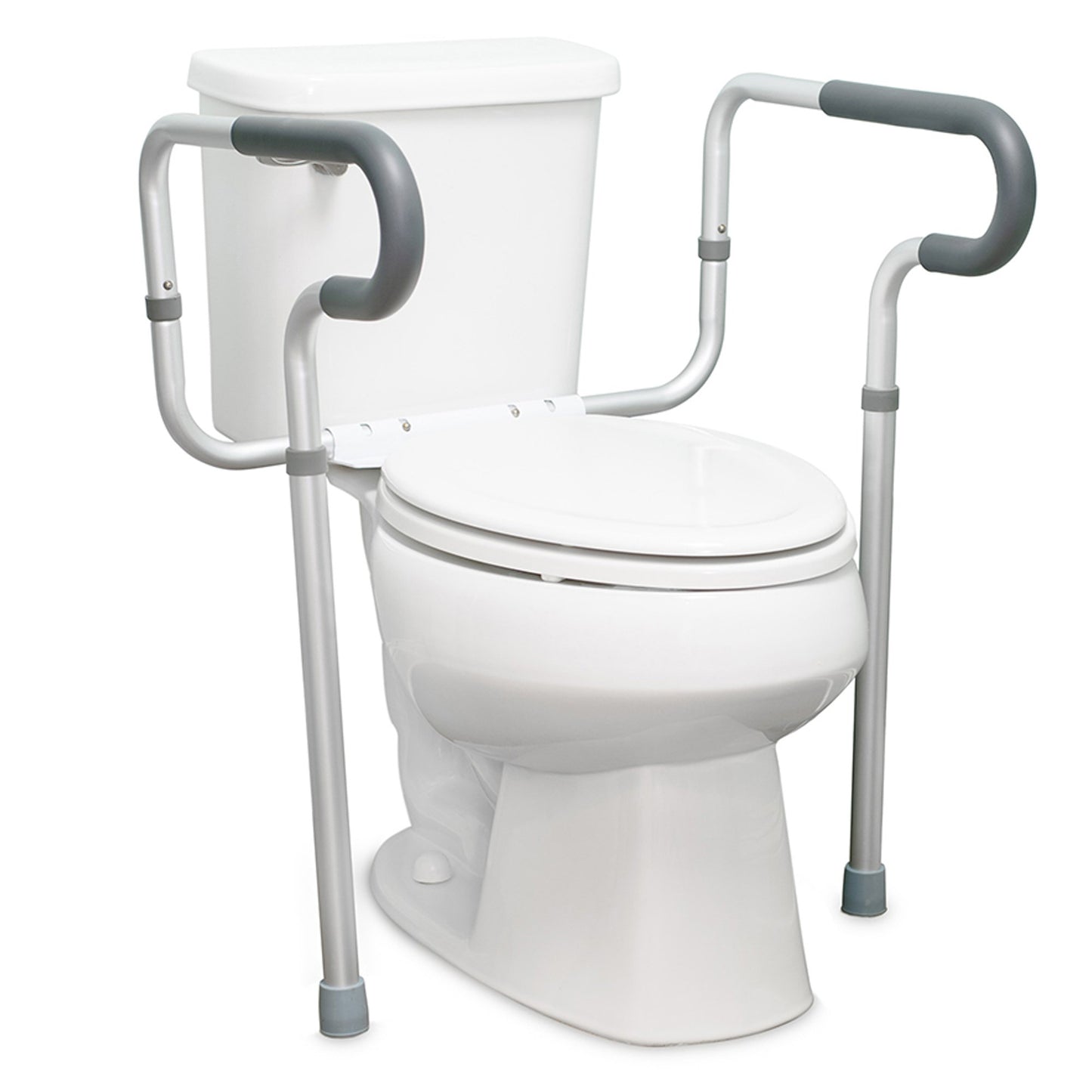 White toilet with a gray safety frame on a white background