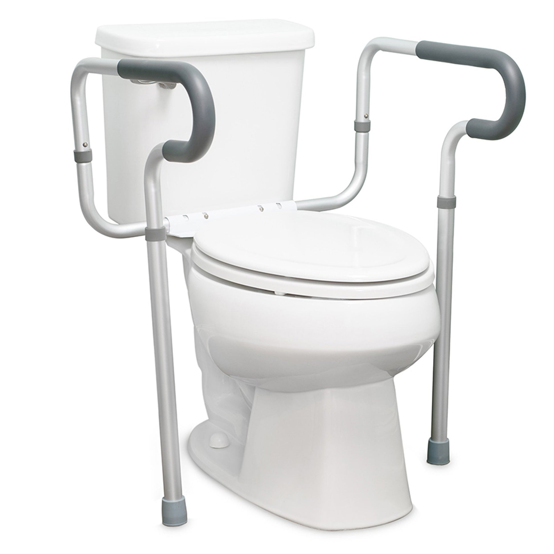White toilet with a gray safety frame on a white background
