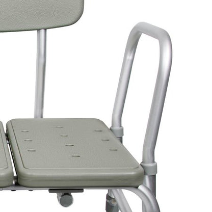 Gray adjustable chair with a footrest on a white background