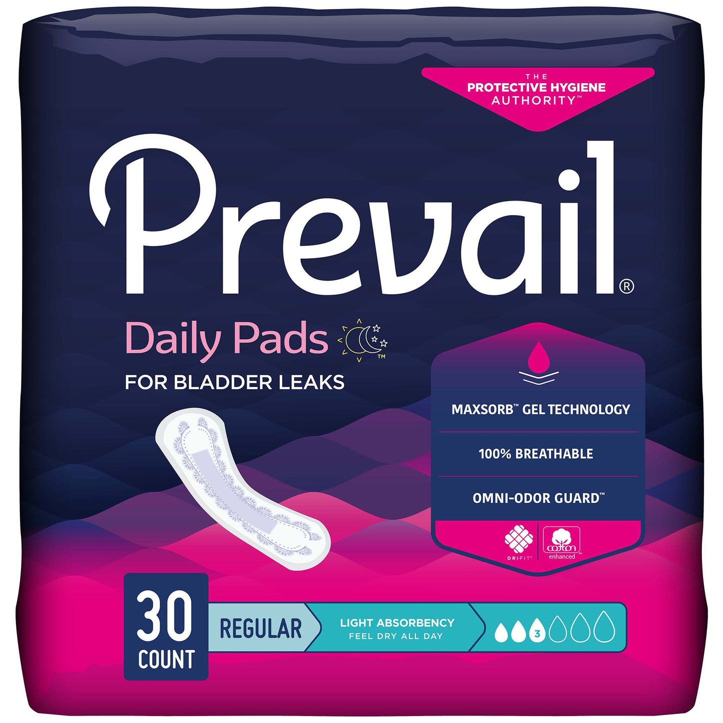 Package of Prevail daily pads for bladder leaks on a white background