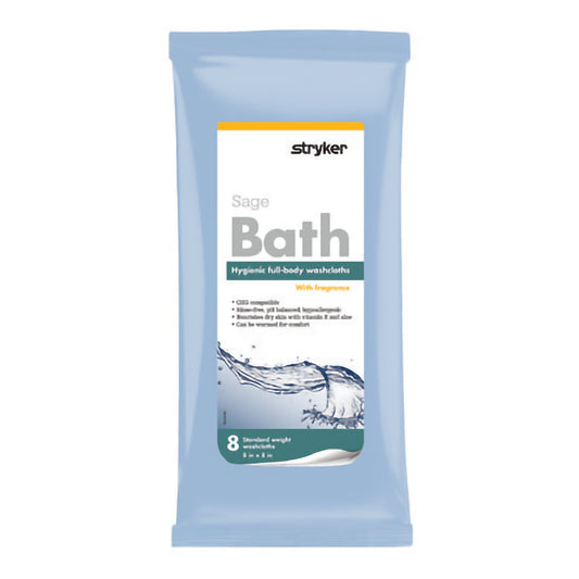 A light blue package of Stryker bath cleansing washcloths