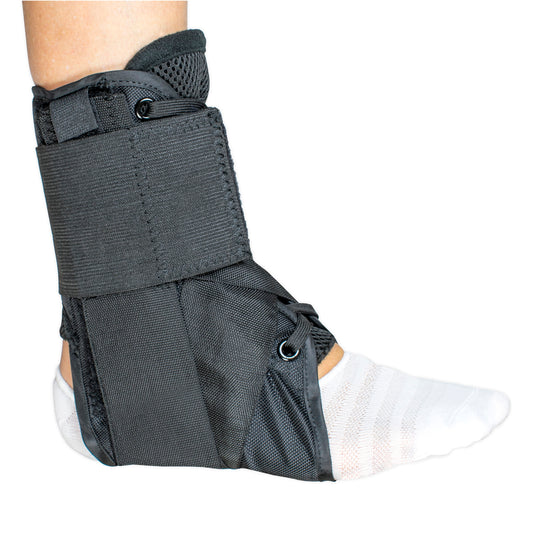Gray ankle support brace on a white background