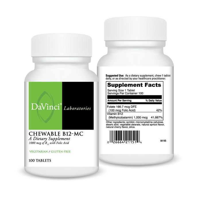 Two bottles of DaVinci Laboratories Chewable B12-MC dietary supplements on a white background