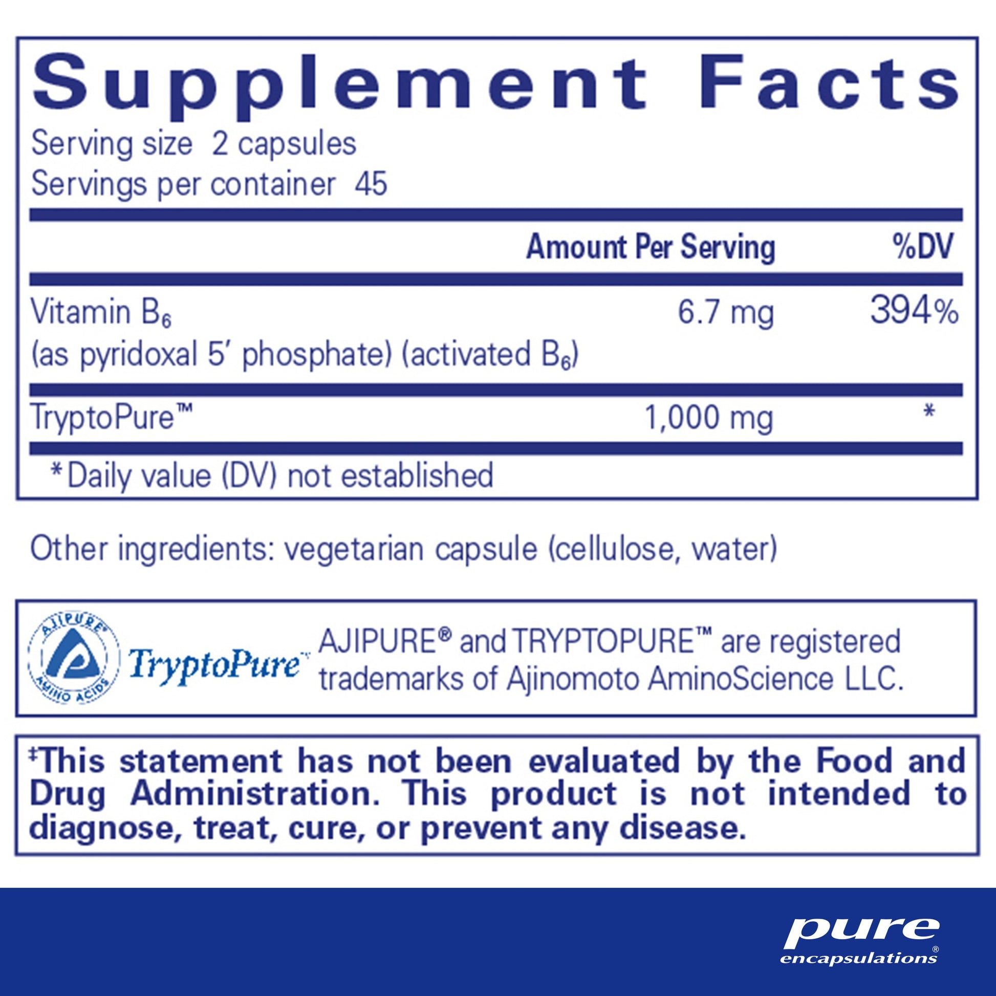 Supplement facts and ingredient information for a bottle of Pure Encapsulations L-Tryptophan dietary supplement