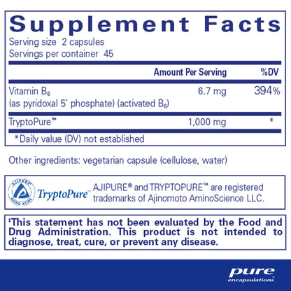 Supplement facts and ingredient information for a bottle of Pure Encapsulations L-Tryptophan dietary supplement