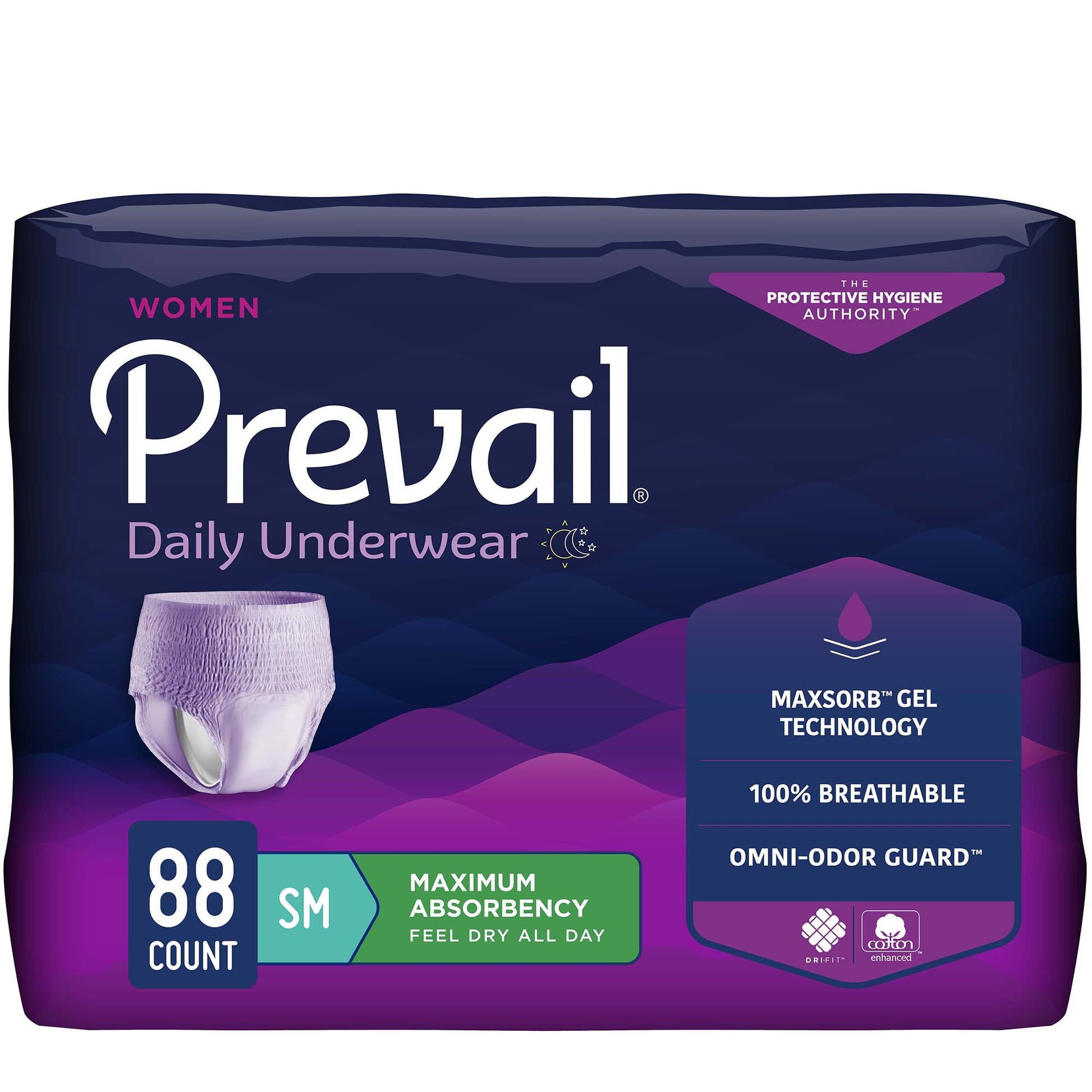 Package of Prevail Daily Underwear for women with purple and white design.