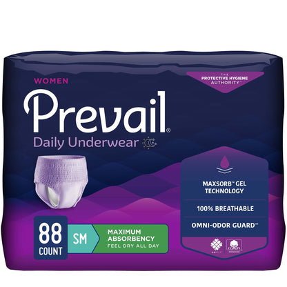 Package of Prevail Daily Underwear for women with purple and white design.