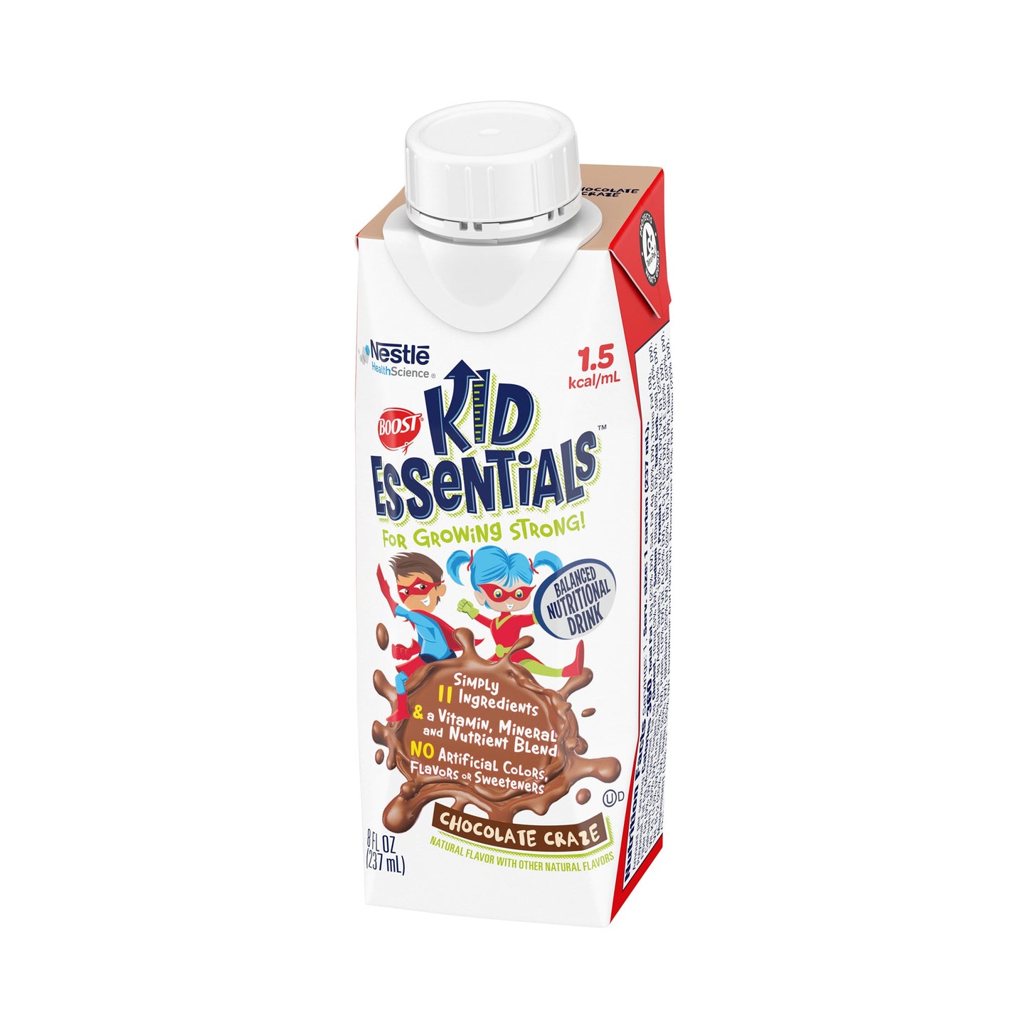 Nestle Kid Essentials chocolate flavor milk carton on a white background