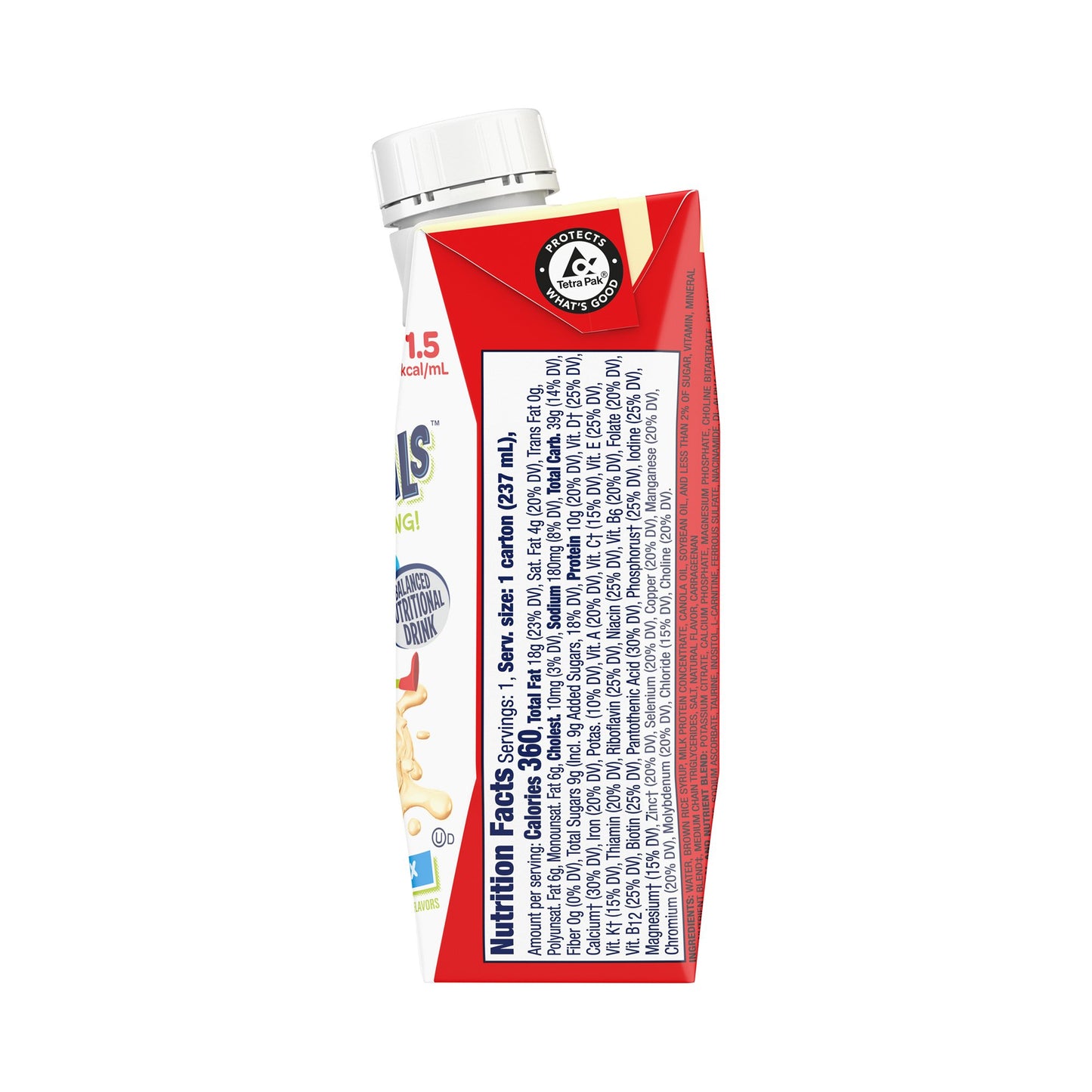 Red and white container with nutritional information on a white background