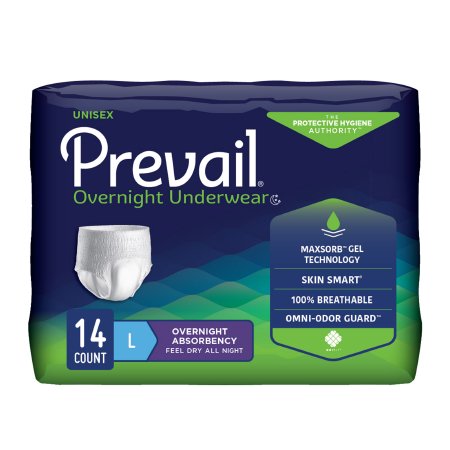 Package of Prevail overnight underwear with green and blue design