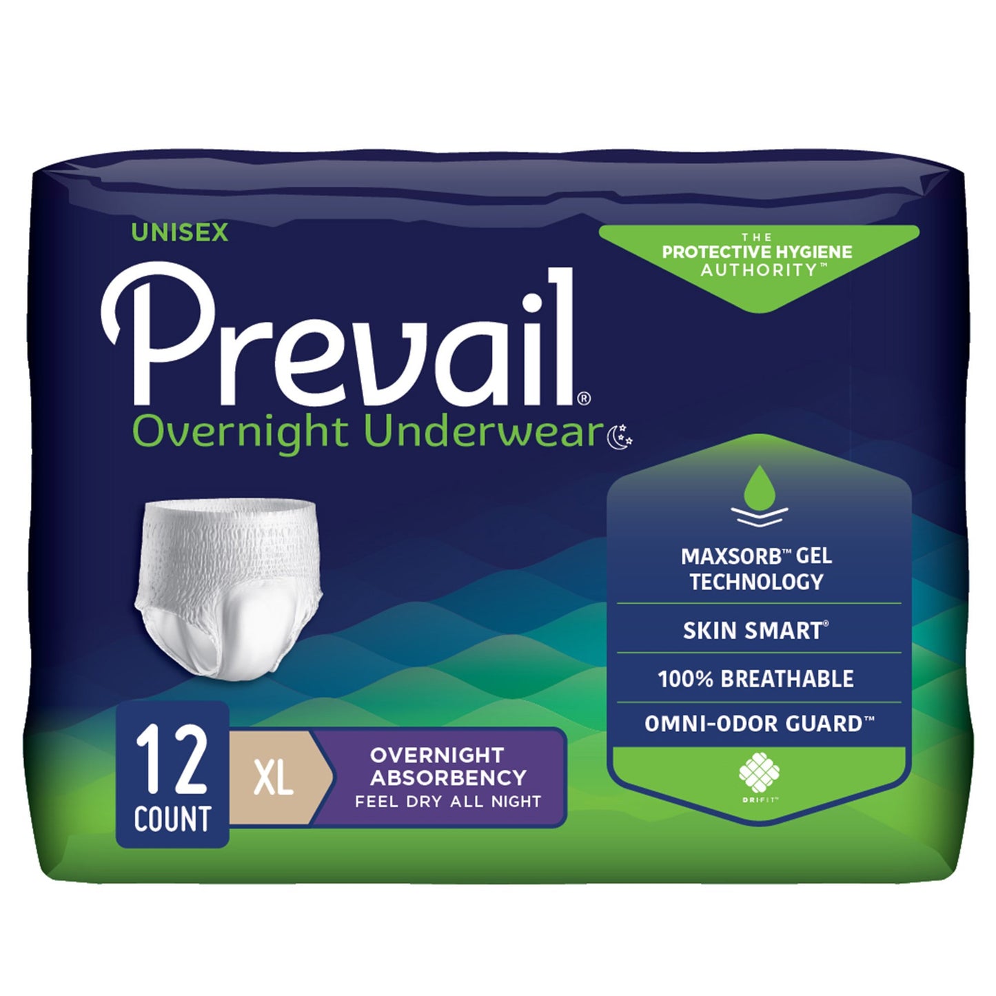 Package of Prevail Overnight Underwear with features highlighted on a white background