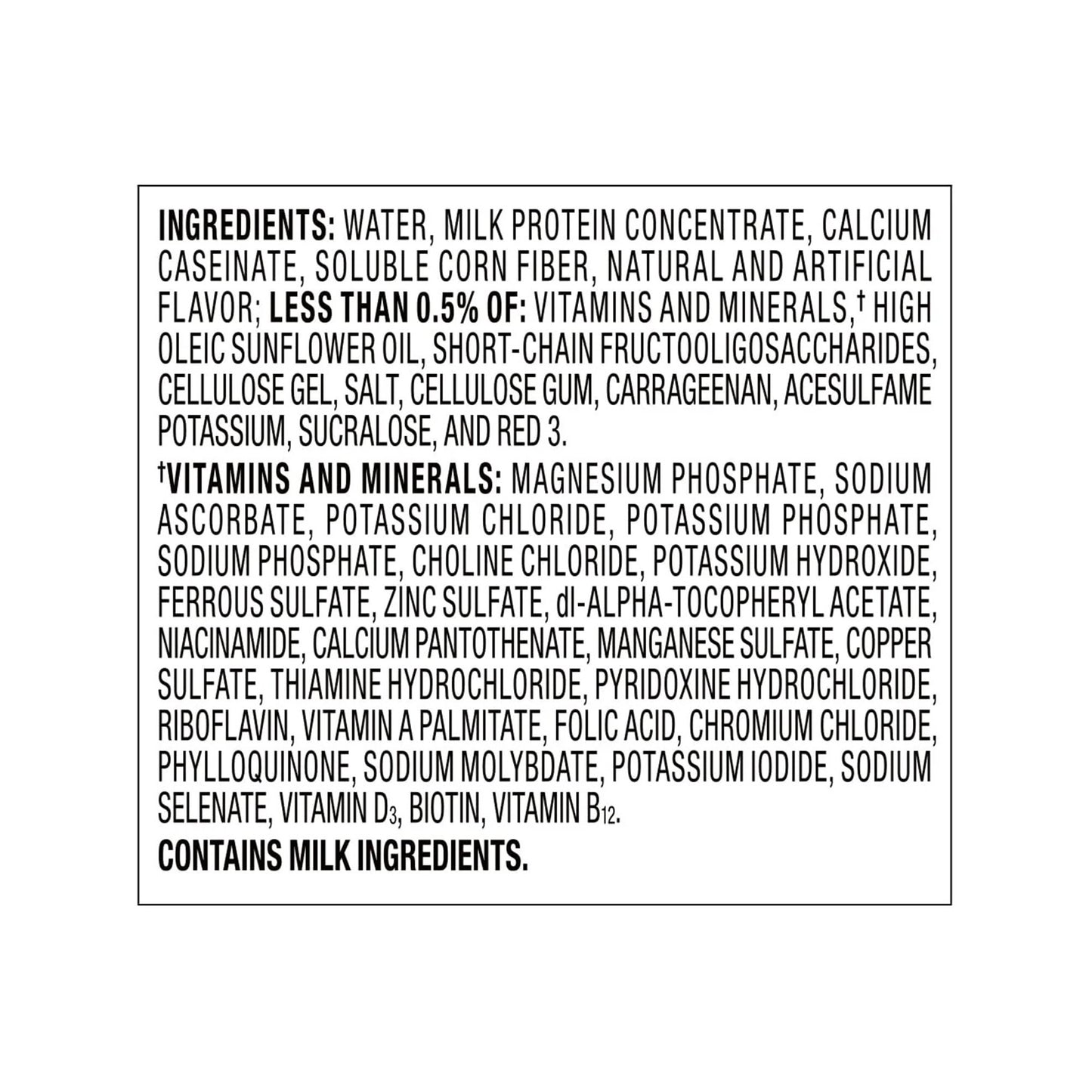 Ingredients list for a protein product on a white background