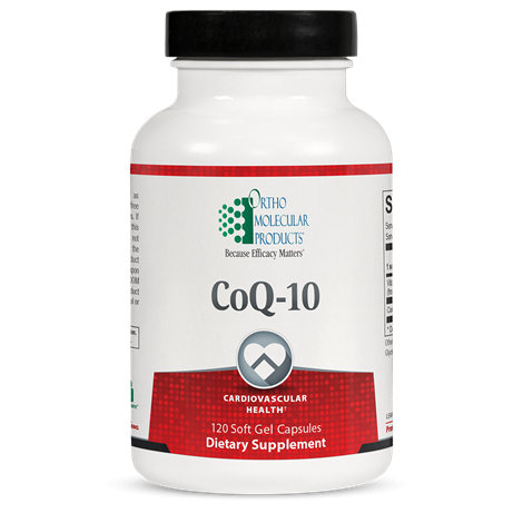 A bottle of OrthoMolecular Products CoQ-10 dietary supplement containing 120 soft gel capsules.