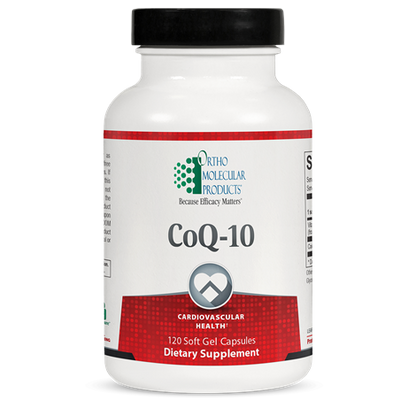A bottle of OrthoMolecular Products CoQ-10 dietary supplement containing 120 soft gel capsules.