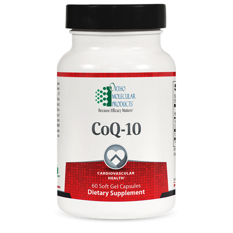 A bottle of OrthoMolecular Products CoQ-10 dietary supplement containing 60 soft gel capsules.