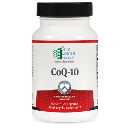 A bottle of OrthoMolecular Products CoQ-10 dietary supplement containing 60 soft gel capsules.