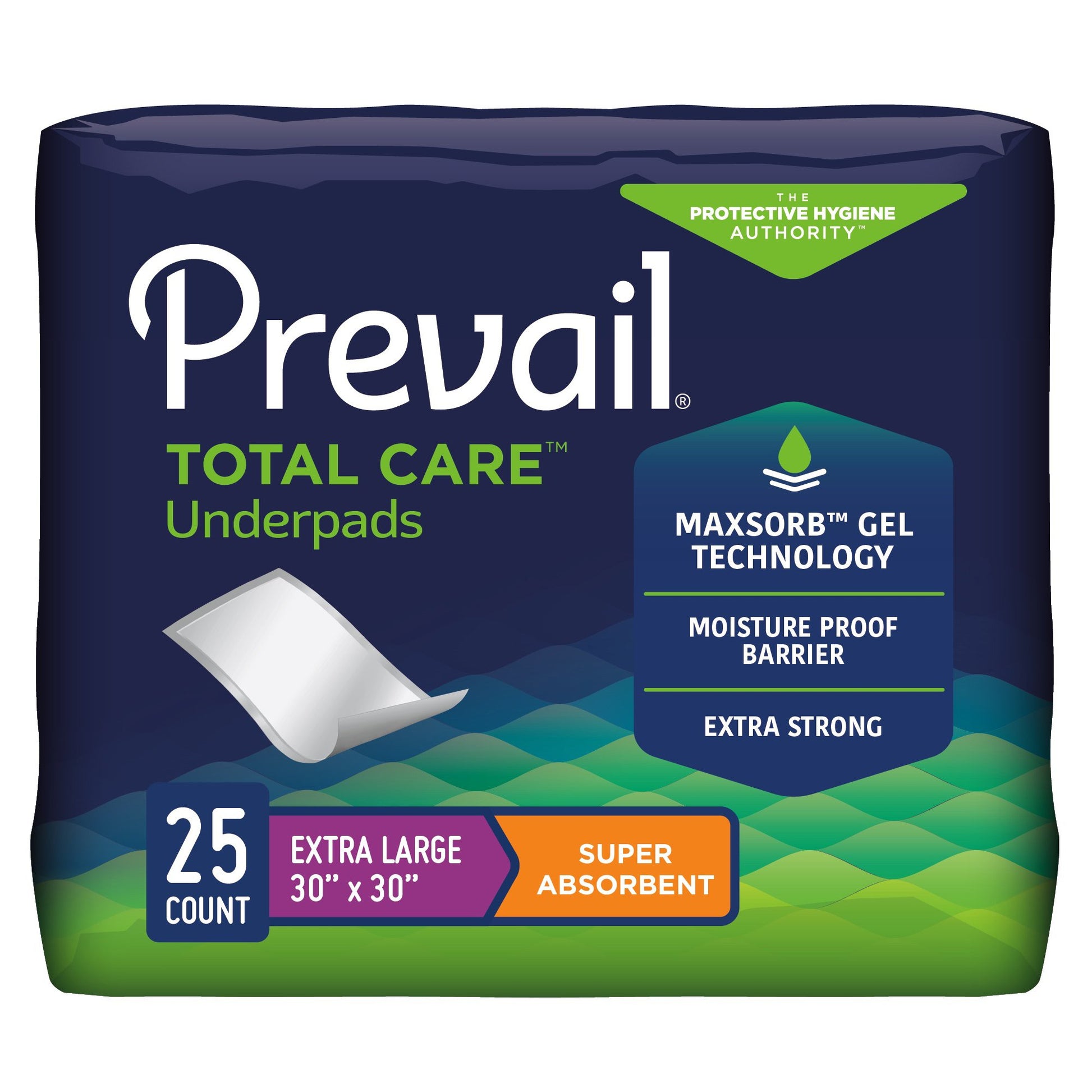 Package of Prevail Total Care Underpads with text highlighting features on a white background