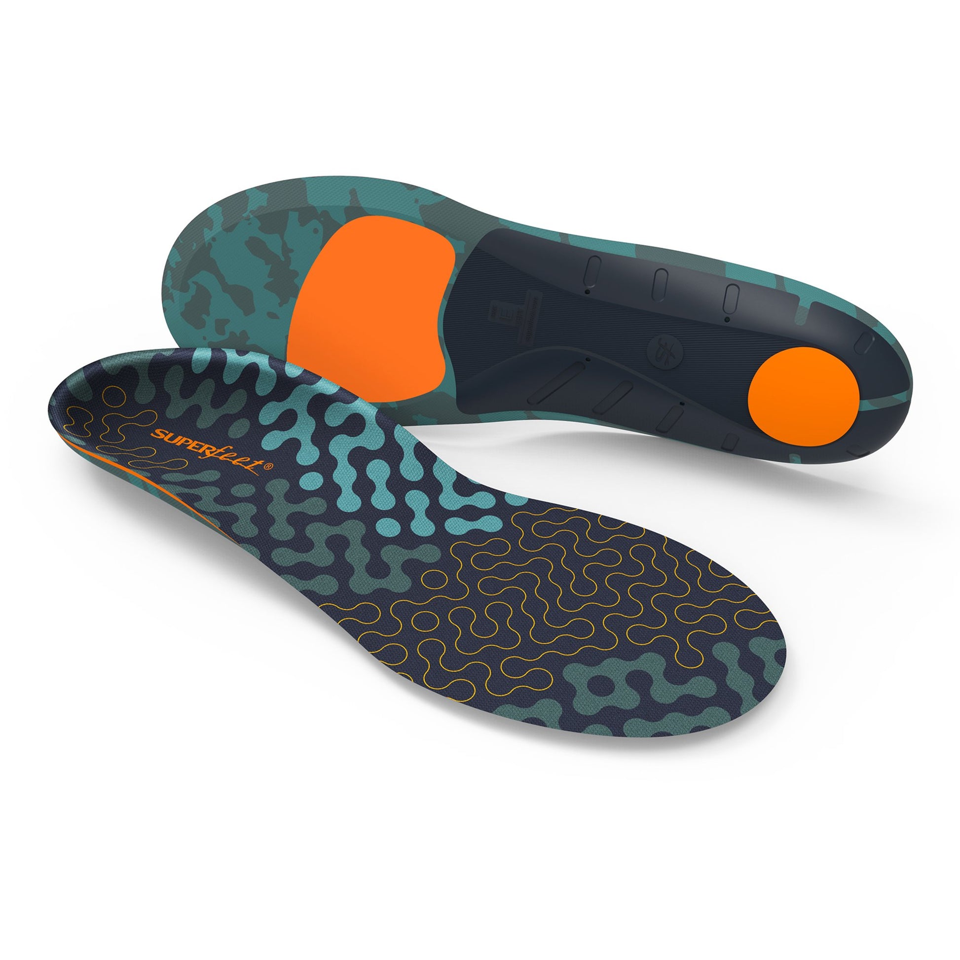 RUN Max insoles showing the insole itself with a color scheme of black, blue, and orange, along with product details