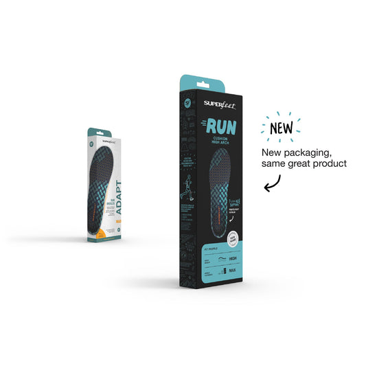 Packaging of Superfeet RUN Max insoles showing the insole itself with a color scheme of black, blue, and orange, along with product details.